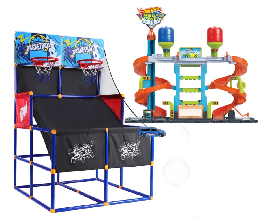 basketball hoop and hot wheels car wash