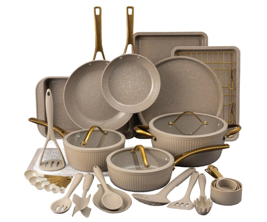 taupe cookware and bakeware set with gold handles