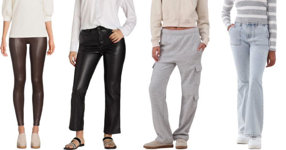 4 women modeling pants on a white background