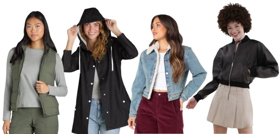 4 women modeling outerwear on a white background