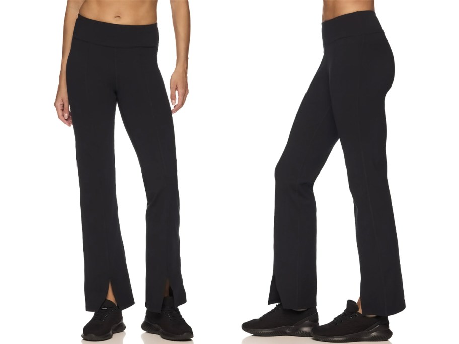 front and side image of woman wearing black leggings 