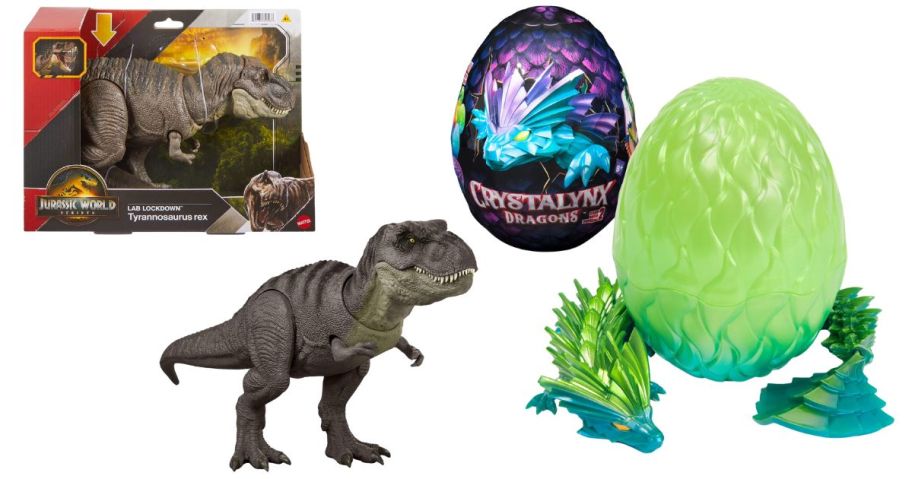Jurassic World Rebirth Tyrannosaurus Rex Action Figure and CrystaLynx Dragons, 12.5" Articulated Dragon Figure & Display Egg