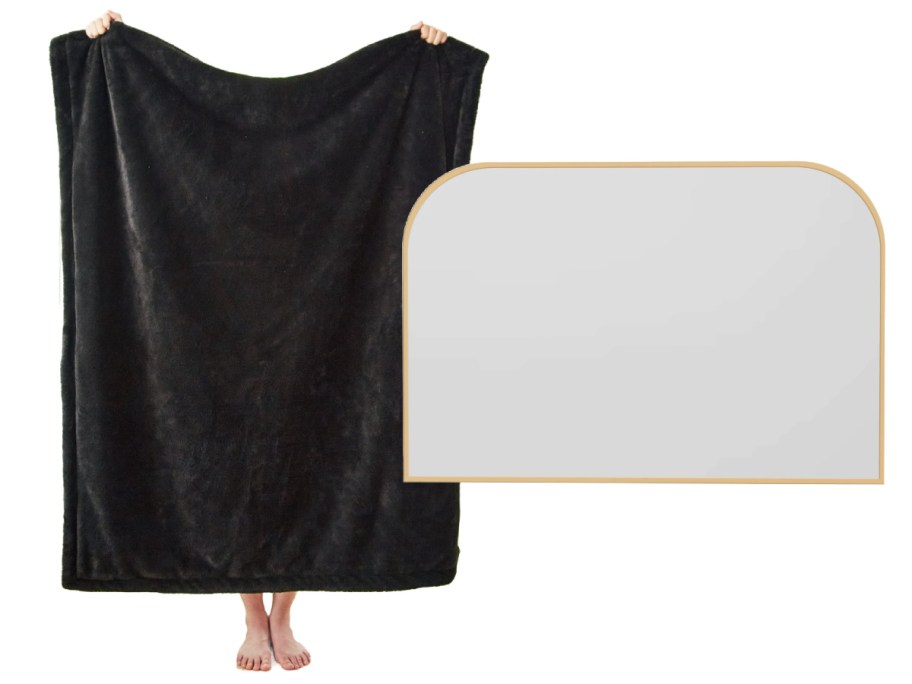 black fur throw and gold mantle mirror