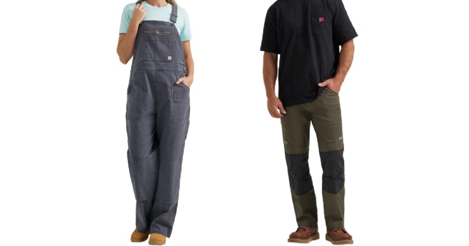 a woman wearing overalls and a man in a black shirt and wrangler work pants