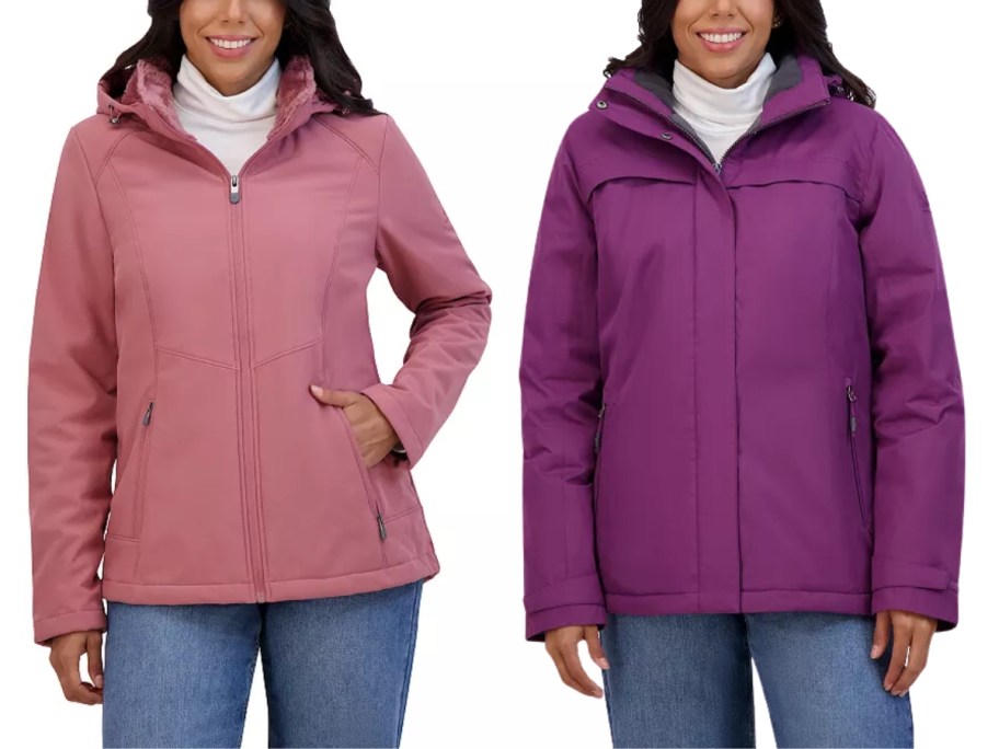 woman wearing a pink lightweight winter jacket and woman wearing a purple heavier weight winter jacket