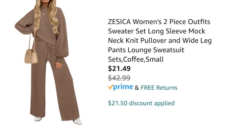 woman wearing tan sweater set next to Amazon pricing information