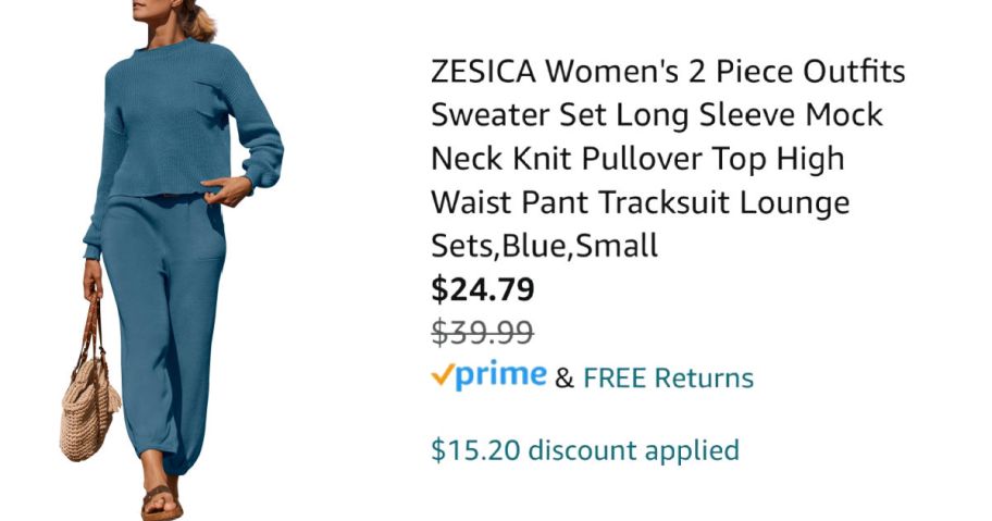 woman wearing blue track suit next to Amazon pricing information