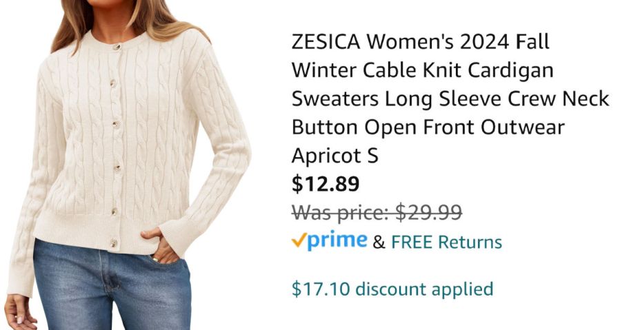 woman wearing cardigan sweater next to Amazon pricing information