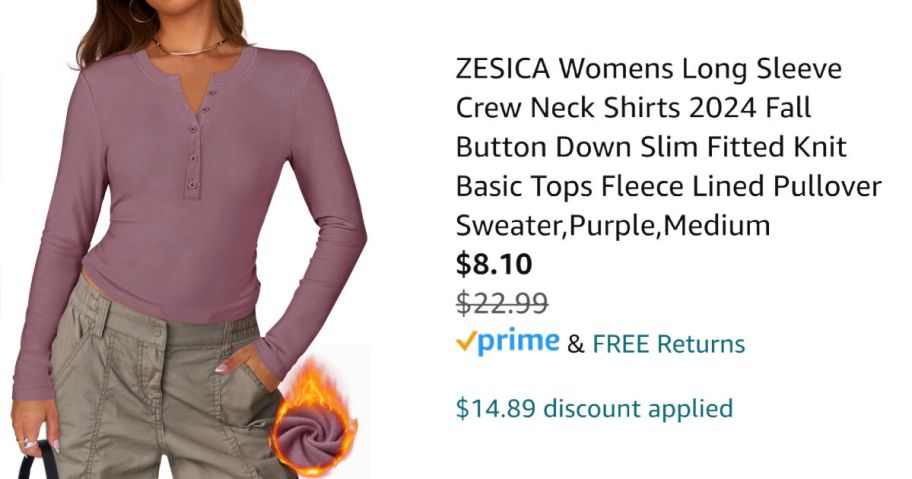 woman wearing purple henley next to Amazon pricing information