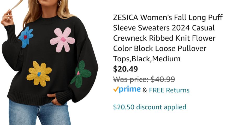 woman wearing black floral sweater next to Amazon pricing information