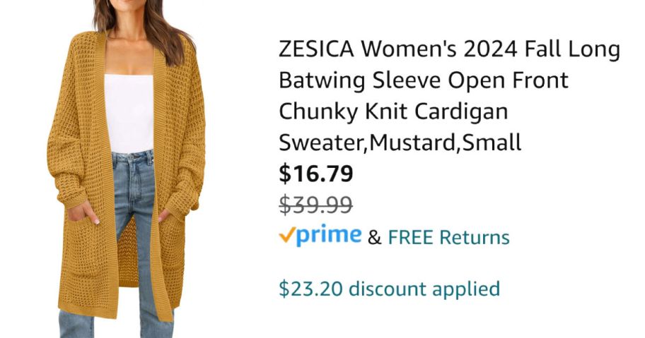 woman wearing yellow cardigan next to Amazon pricing information