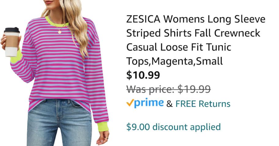 woman wearing striped shirt next to Amazon pricing information