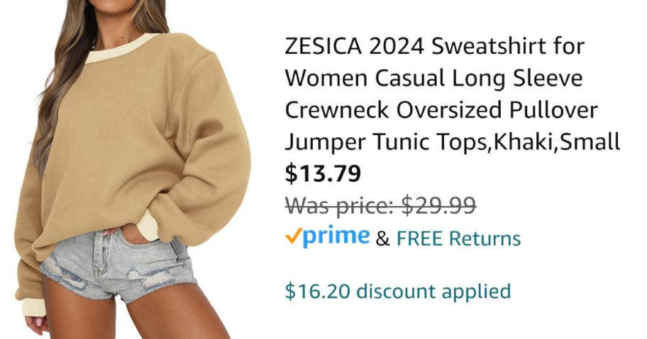 woman wearing tan sweatshirt next to Amazon pricing information