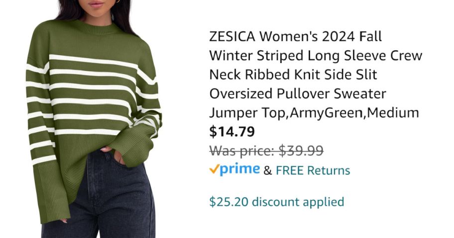 woman wearing green sweater next to Amazon pricing information