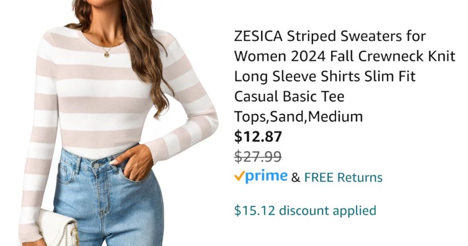 woman wearing striped top next to Amazon pricing information