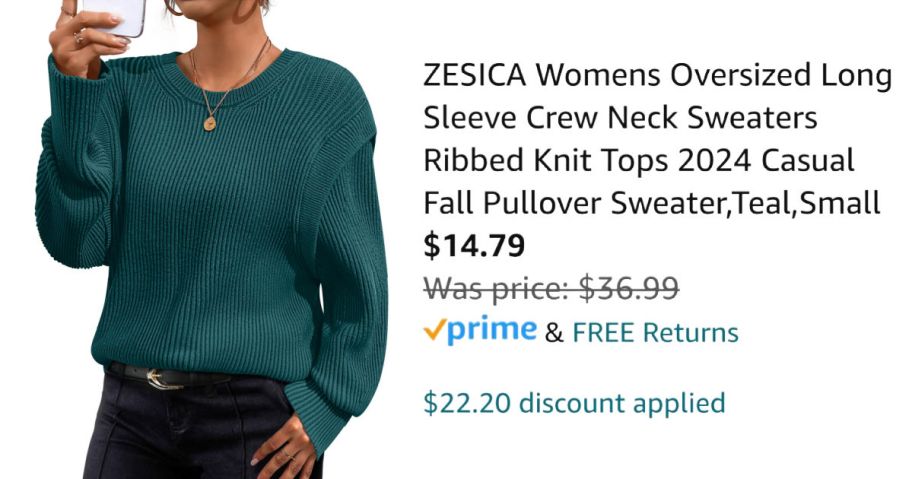 woman wearing green sweater next to Amazon pricing information