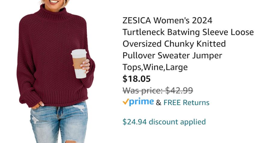 woman wearing wine colored sweater next to Amazon pricing information