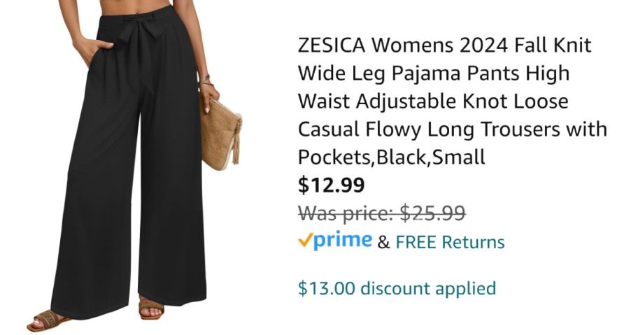 woman wearing black pants next to Amazon pricing information