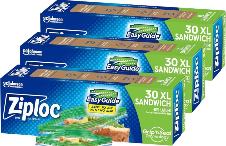 three 30 count boxes of ziploc xl sandwich bags