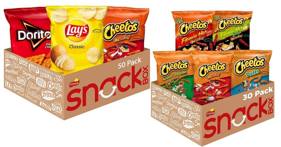 a box with Lays Potato Chips and a box with a variety of Cheetos