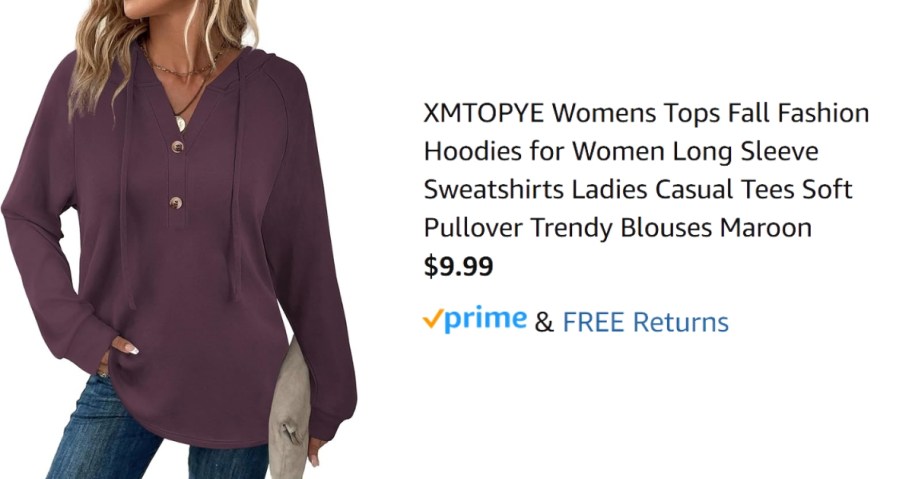 An image of a woman wearing a purple button-down hoodie and jeans next to a description with the shirt's name and price.