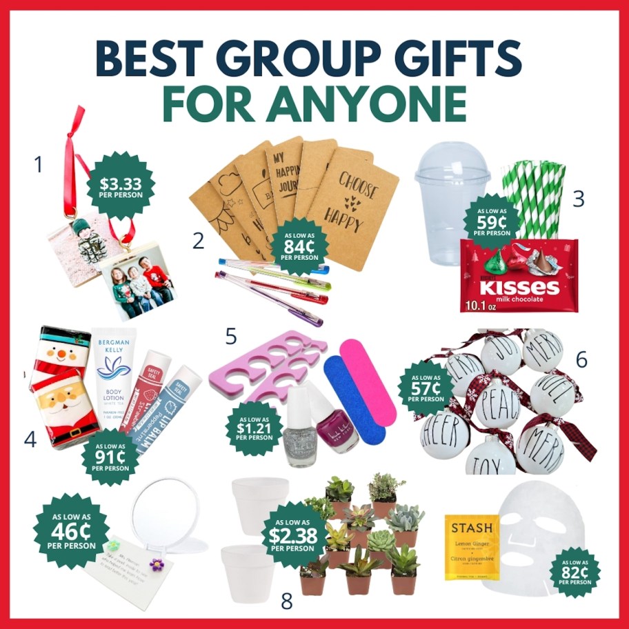 collage graphic of group gift ideas