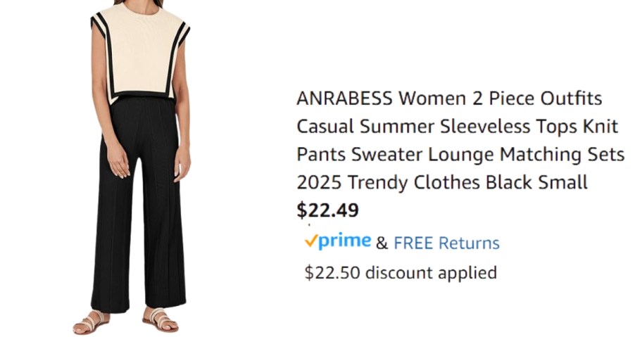 An image of a woman wearing a cream and black top and black pants next to the product name and price description