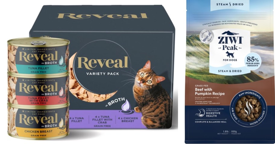 3 cans of Reveal brand Cat food and a box they come in and a bag of Ziwi Peak dog food