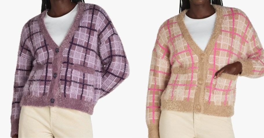 two women in purple and pink plaid cardigans