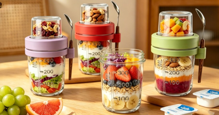 four overnight oats jars in different colors and small storage cup lids for toppings sitting on kitchen table