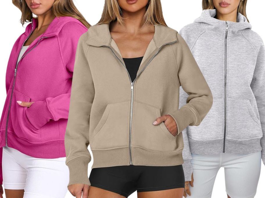 3 women wearing Anrabess Cropped Zip Hoodies