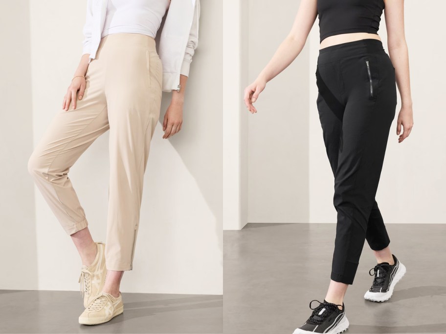 two women modeling cream and black joggers