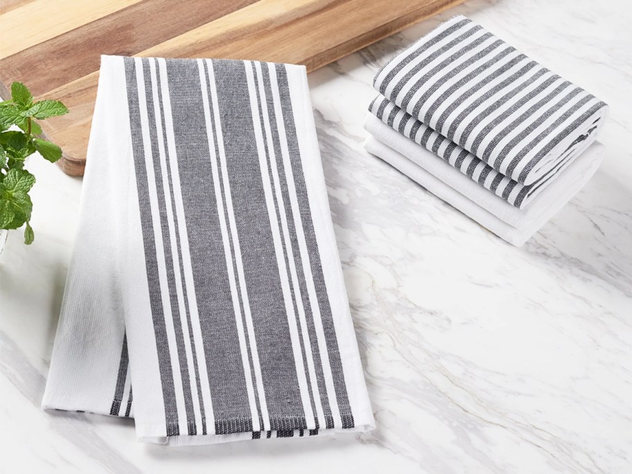 black and white striped kitchen towels on counter