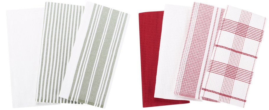 green and red sets of kitchen towels