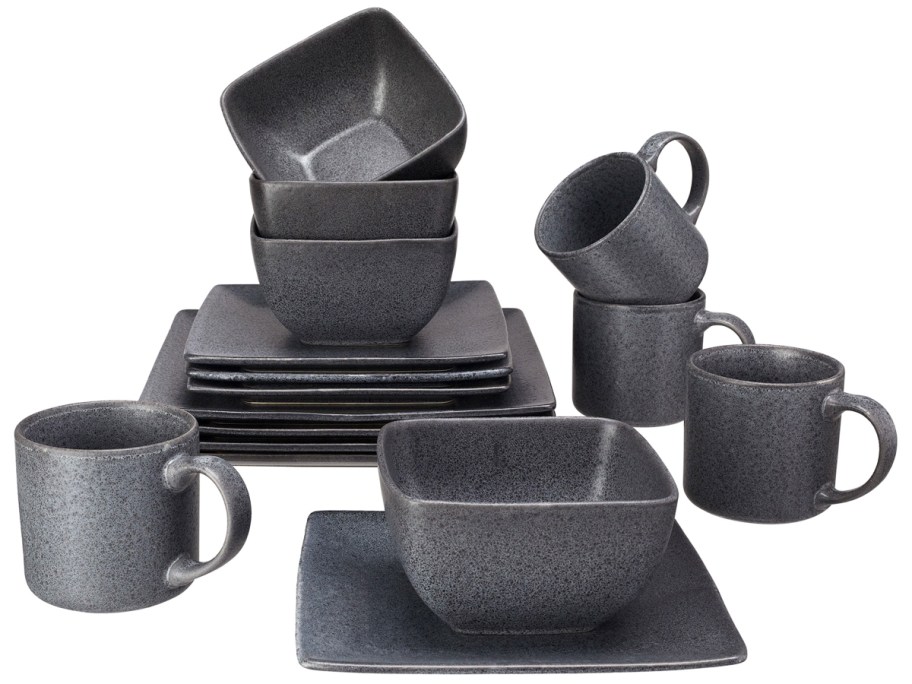 set of black square plates, bowls, and mugs