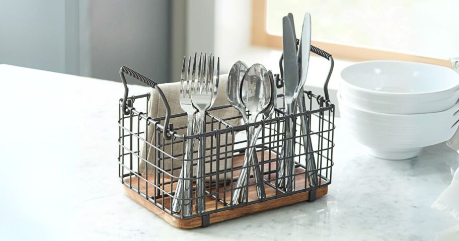 Better Homes & Gardens Wire Utensil Caddy filled with silverware