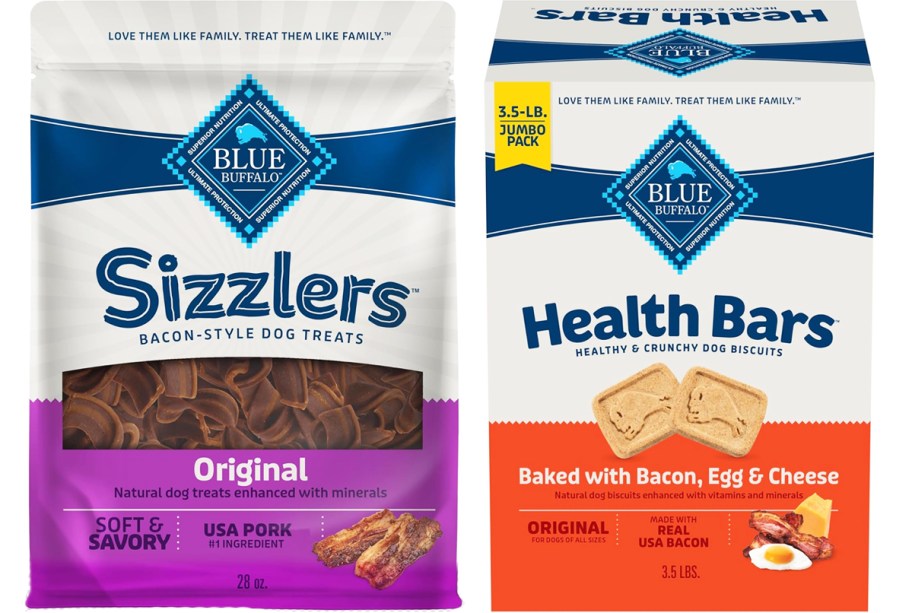 large bag and box of Blue Buffalo dog treats