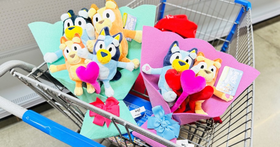 two Bluey Plush Valentine's Bouquets in walmart shopping cart