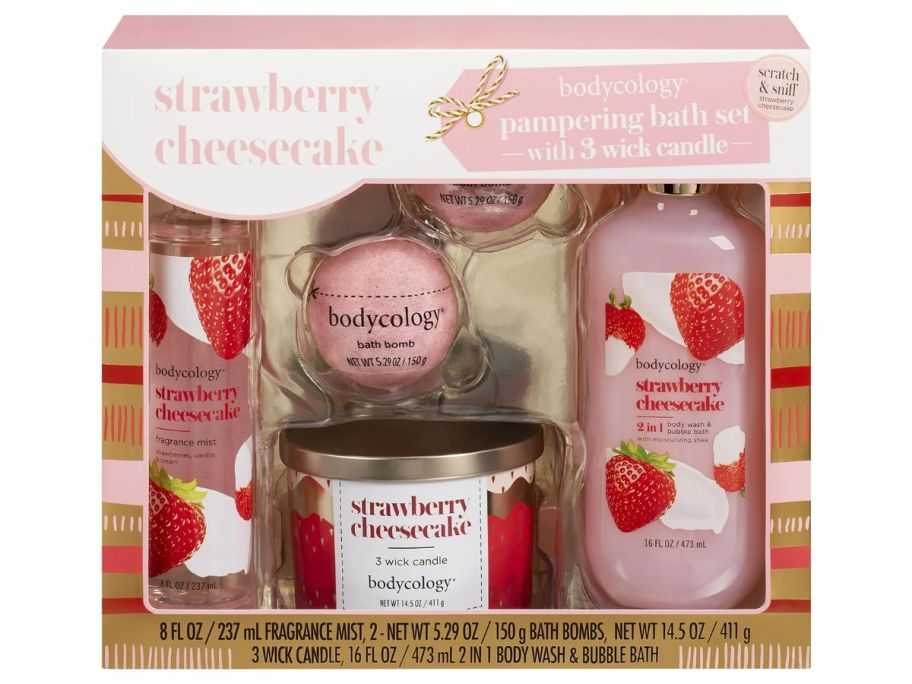 Bodycology Strawberry Cheesecake Pampering Bath Set w 3 Wick Candle