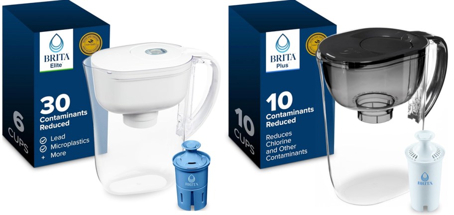 white and black brita pitchers with filters