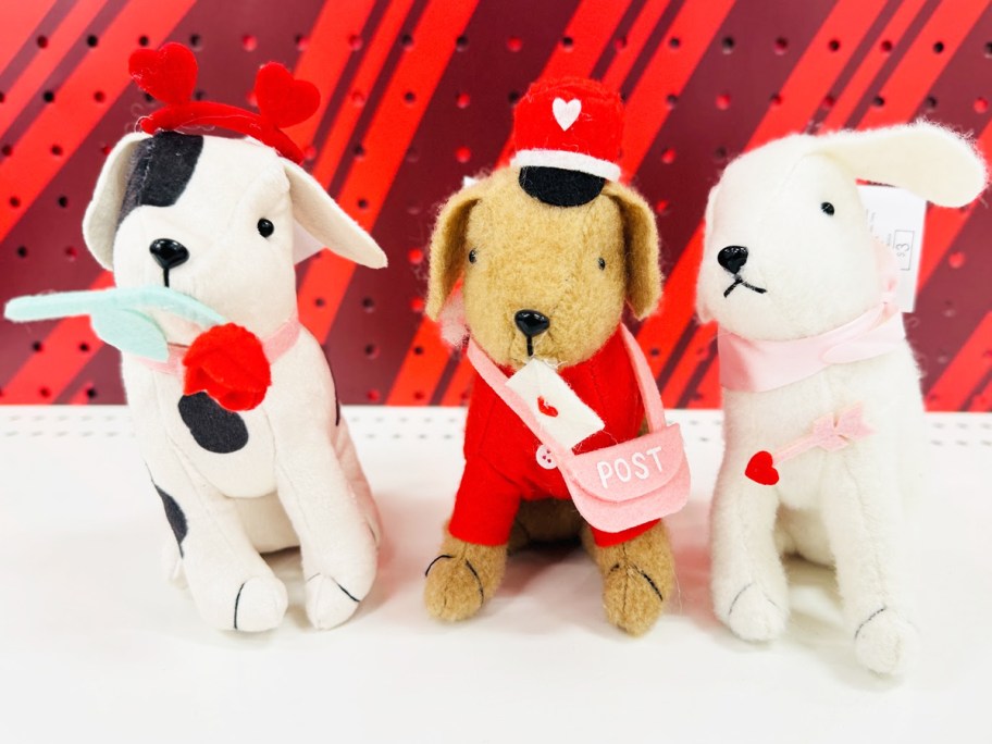 three plush valentines day dogs