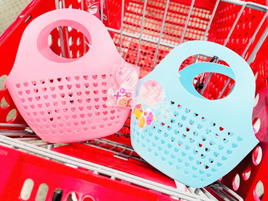 pink and blue kids baskets in red shopping cart