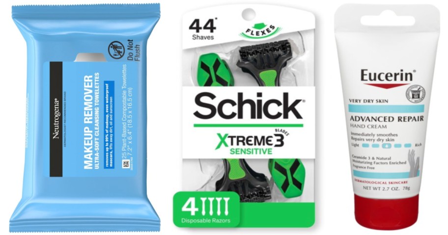 face wipes, disposable razors and hand cream