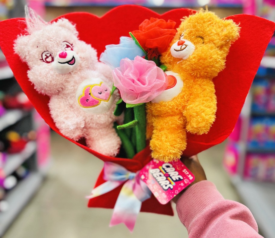 hand holding Care Bears Plush Valentine's Bouquet with pink and orange bears