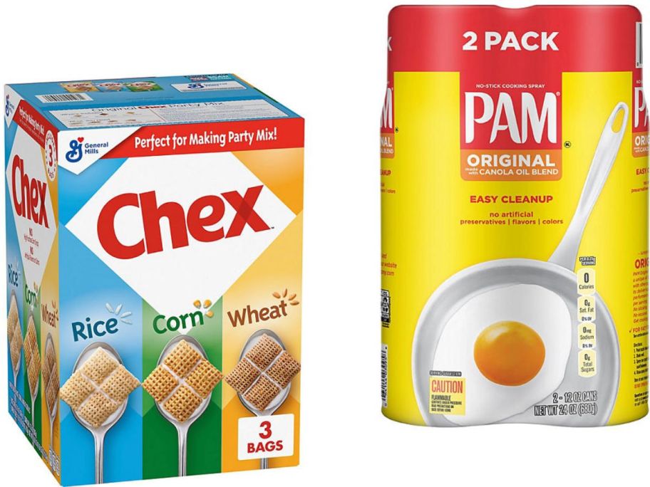 Stock images of a Chex Cereal Variety Pack and Pam Cooking Spray from Sam's Club