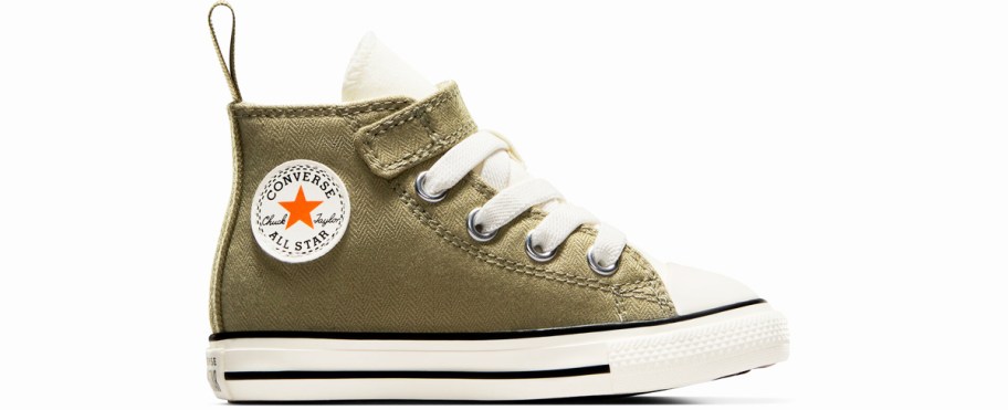 olive green and white high top converse shoe