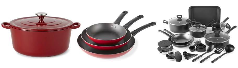 Cooks 3.5-Quart Cast Iron Dutch Oven 3-Piece Fry Pan Set 30-Piece Aluminum Non-Stick Cookware Set