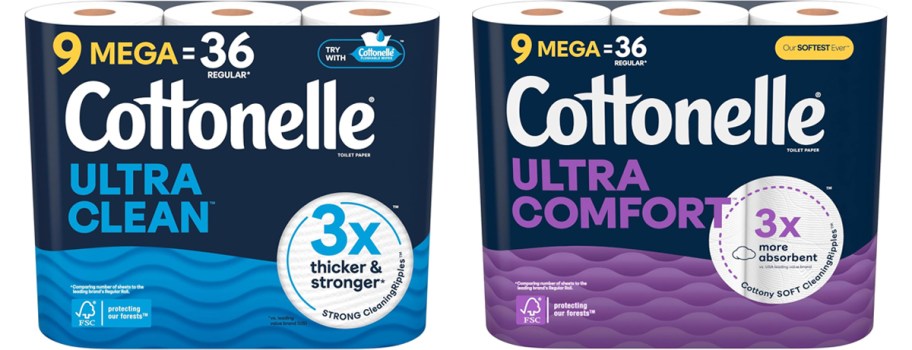 blue and purple packs of Cottonelle Toilet Paper Mega Rolls