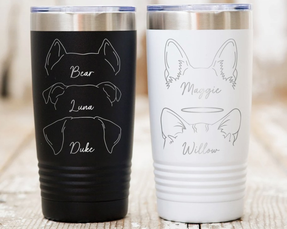 black and white engraved dog tumblers