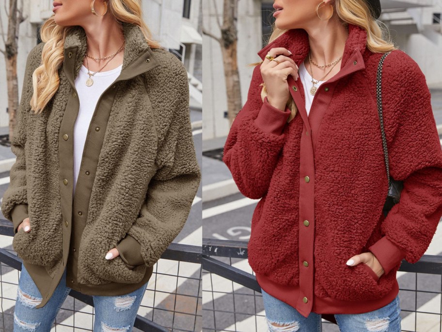 Cute sherpa jacket in olive and red